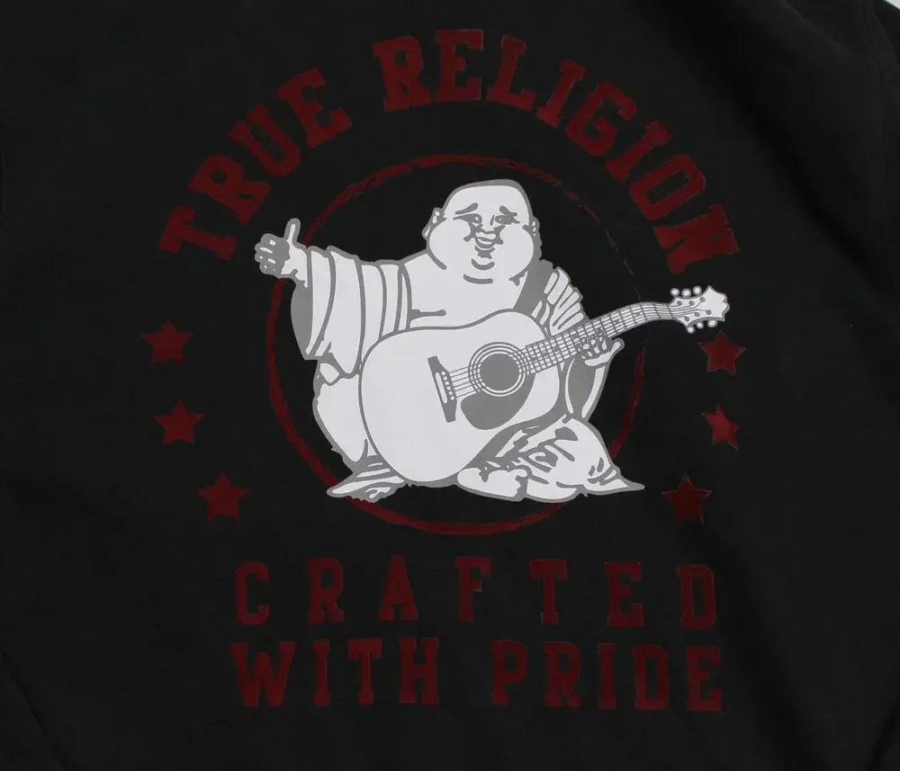 True Religion Hoodie Mens XL Black Full Zip Fleece Sweatshirt Buddha Graphic